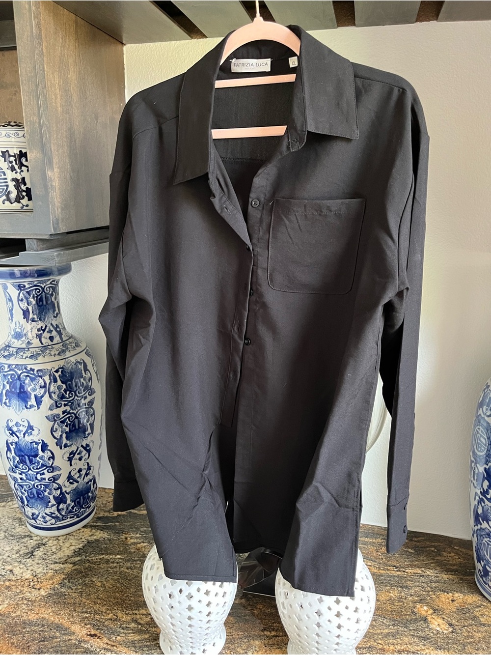 NWT, Patrizia Luca Black Long-Sleeve Dress Shirt with Chest Pocket, XL